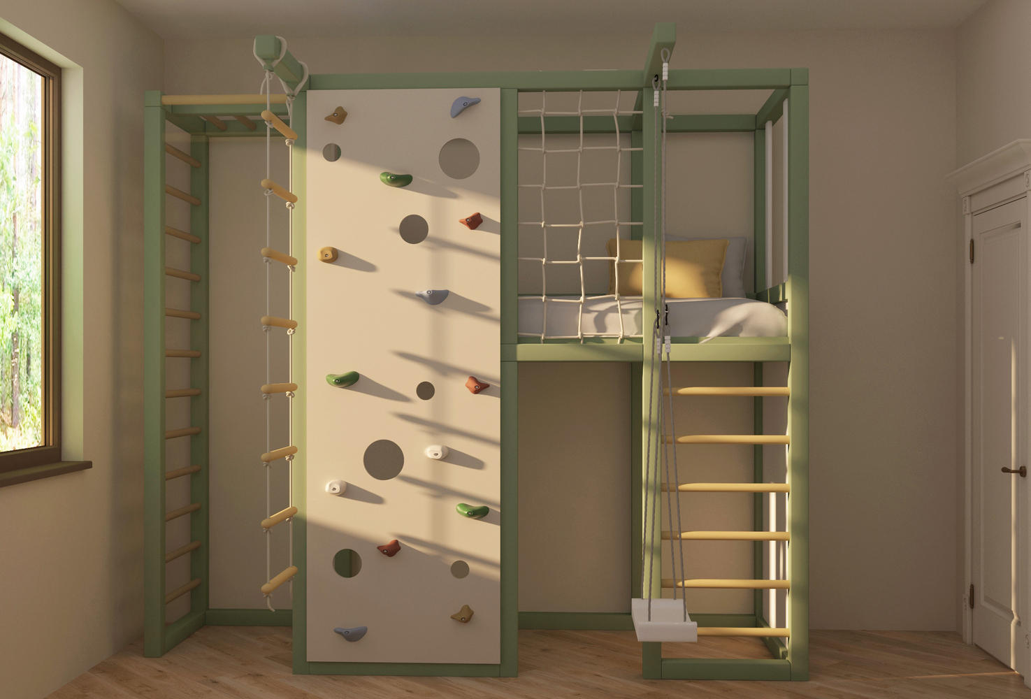 Детская двухъярусная кровать домик и спортивный комплекс на заказ